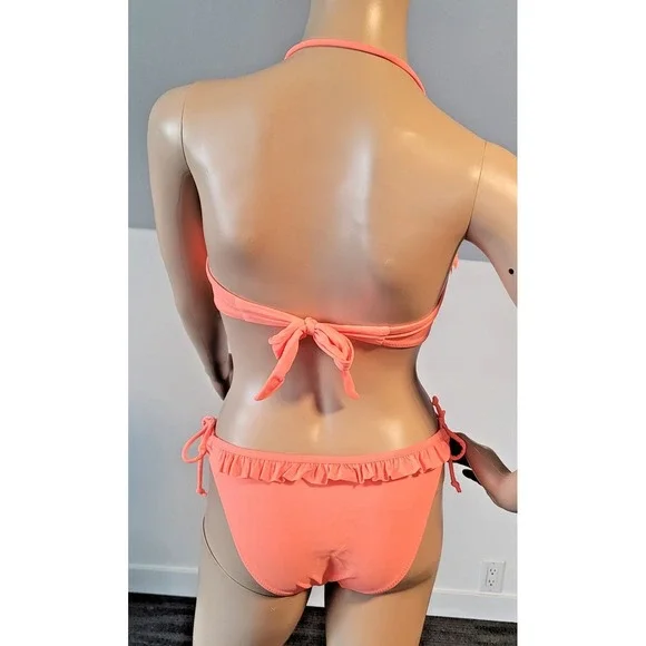 Woman Medium Orange Ruffle Bikini Set Top/ Low Rise Bottom Removable Straps - Picture 5 of 12